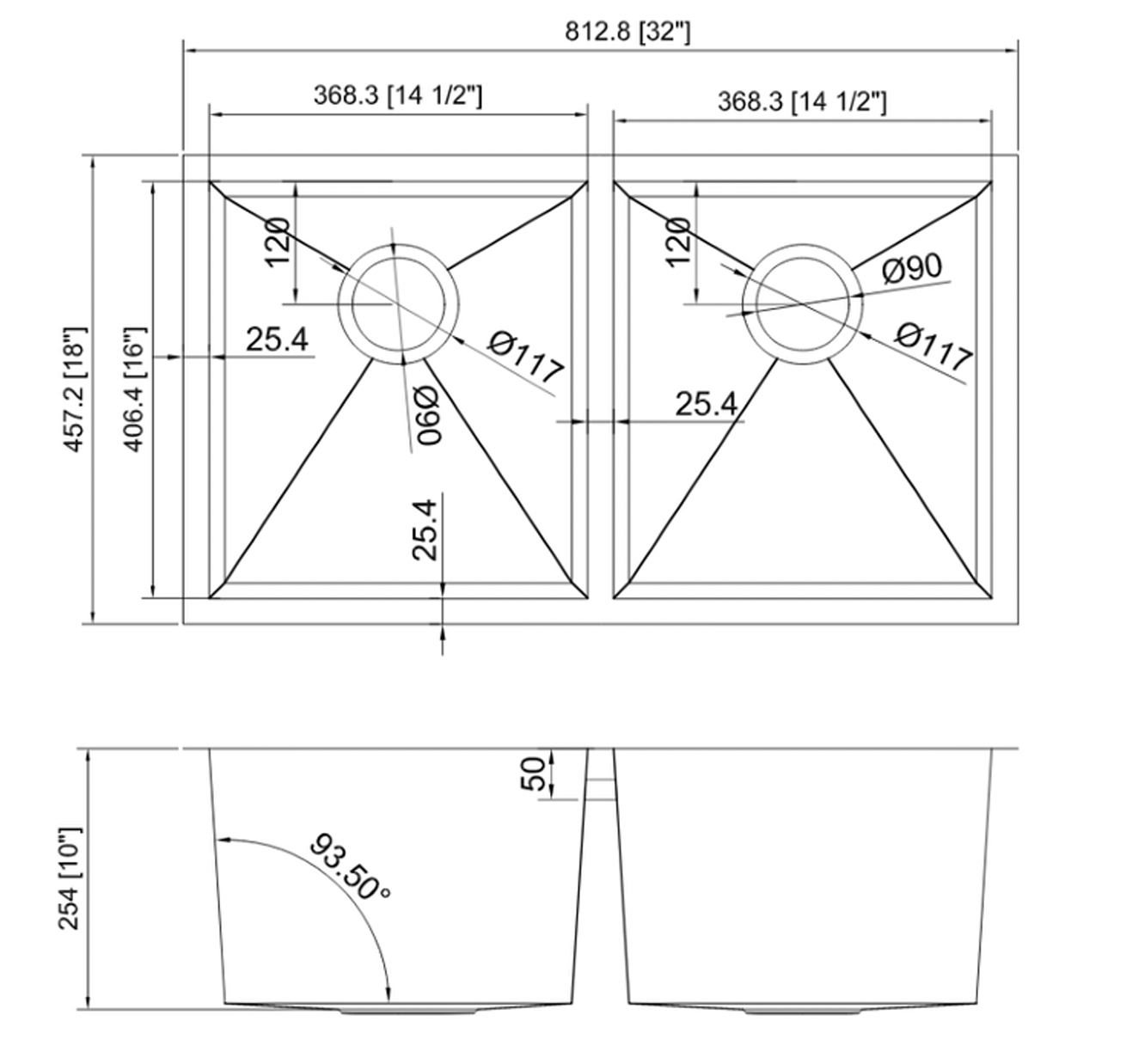 SINK 5050 PLHA117 ZERO RADIUS CORNERS RO 18 HANDMADE 18 GAUGE STAINLESS STEEL