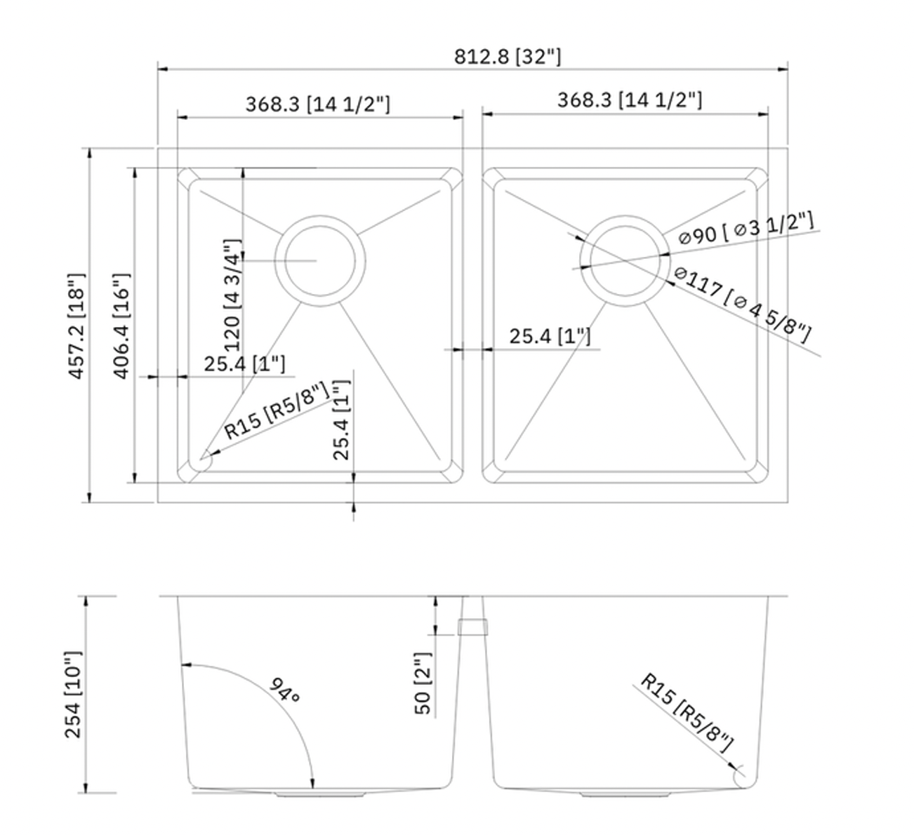 SINK 5050 PLHA117 MICRO RADIUS 18 GAUGE STAINLESS STEEL DOUBLE UNDERMOUNT KITCHEN SINK 32 X 18
