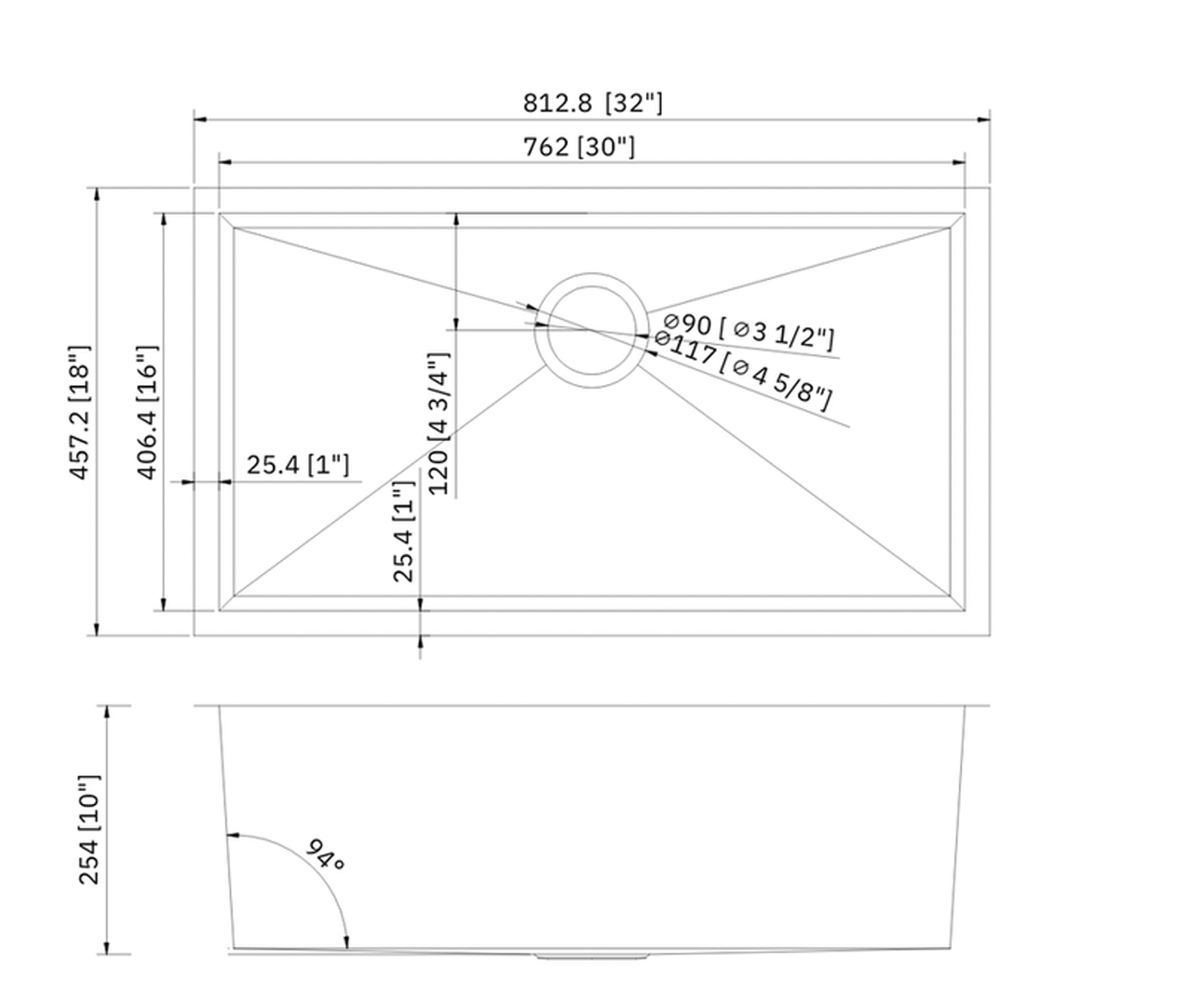 SINK 3218 PLHA115 ZERO RADIUS RO 18 HANDMADE 18 GAUGE STAINLESS STEEL UNDERMOUNT KITCHEN SINK