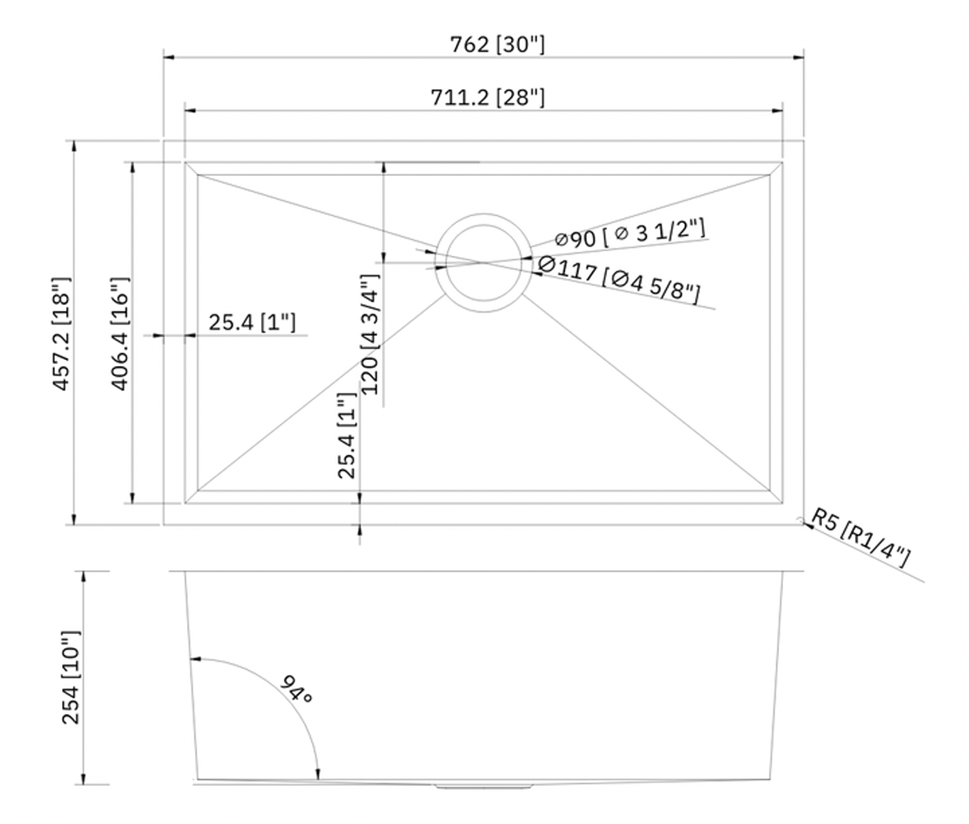 SINK 3018 PLHA109 ZERO RADIUS 18 GAUGE STAINLESS STEEL UNDERMOUNT KITCHEN