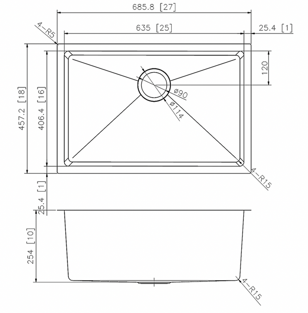 SINK 2718 PLHA111 MICRO RADIUS 18 GAUGE STAINLESS STEEL UNDERMOUNT KITCHEN SINK 27 X 18 WITH MICRO RADIUS CORNERS