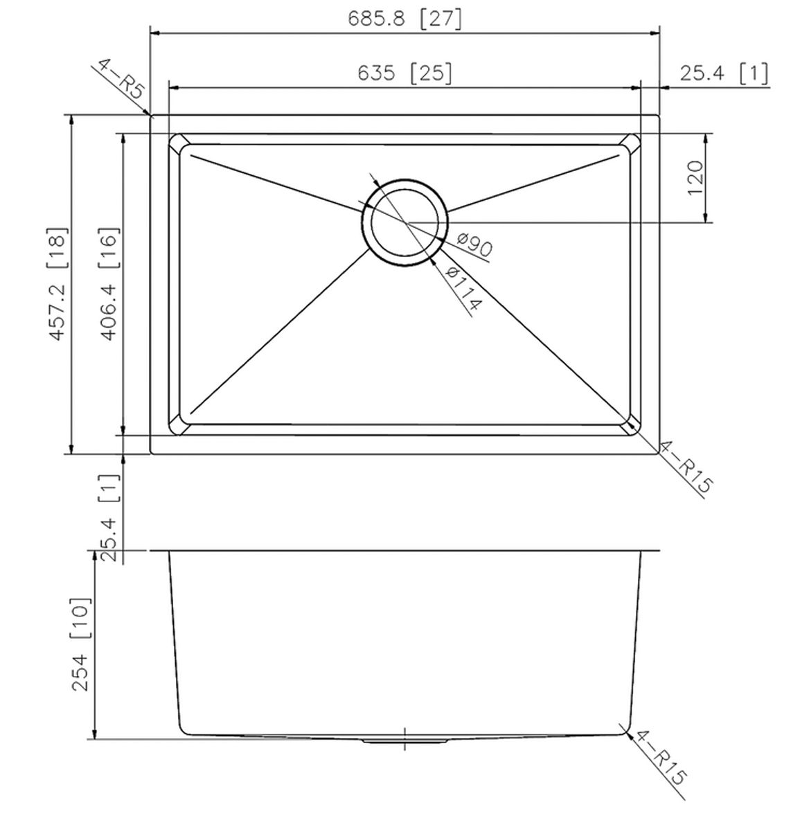 SINK 2718 PLHA111 MICRO RADIUS 18 GAUGE STAINLESS STEEL UNDERMOUNT KITCHEN SINK 27 X 18 WITH MICRO RADIUS CORNERS