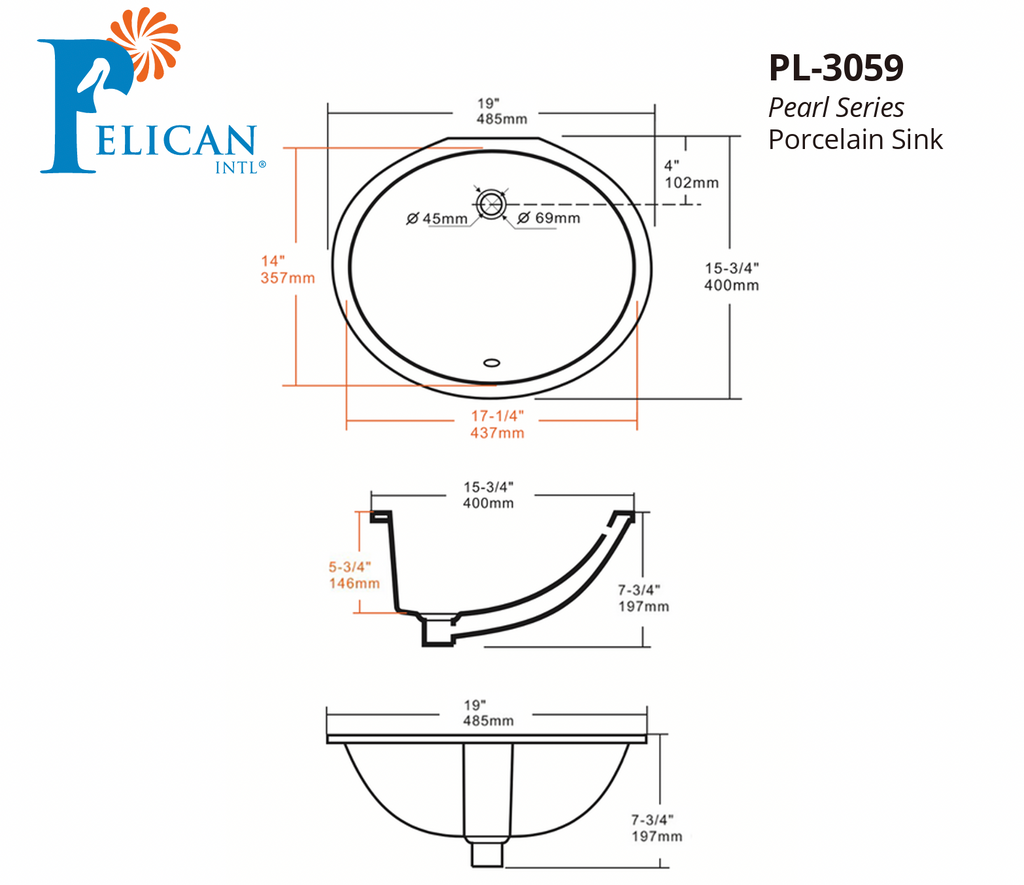PL3059 WHITE PORCELAIN UNDERMOUNT BATHROOM SINK 17 1/4 X 14