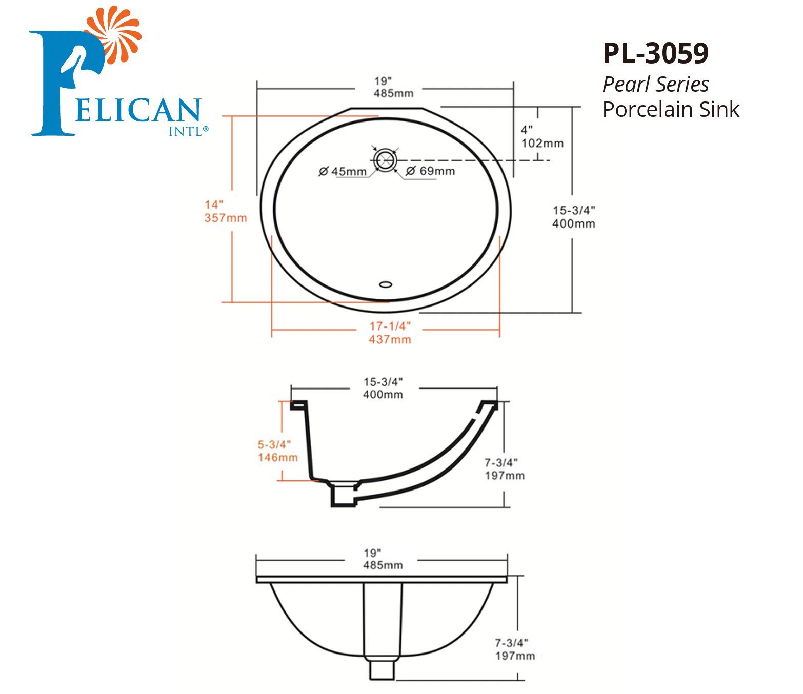 PL3059 WHITE PORCELAIN UNDERMOUNT BATHROOM SINK 17 1/4 X 14