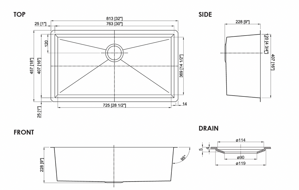 GSZ-3218-9 - 18 Gauge Zero Radius Single Bowl Sink 32x18x9