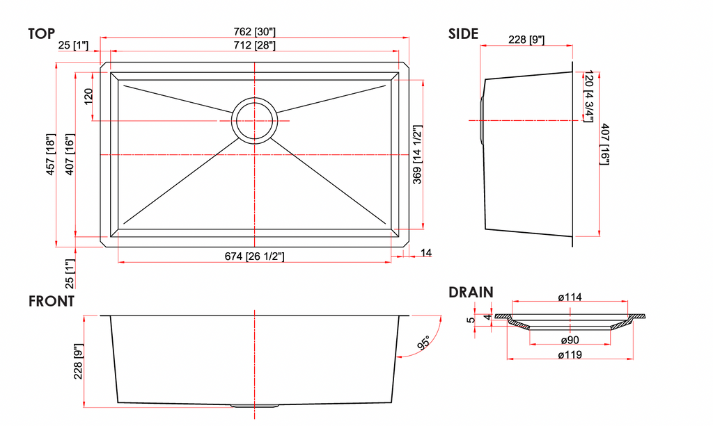 GSZ-3018-9 - 18 Gauge Zero Radius Single Bowl Sink 30x18x9