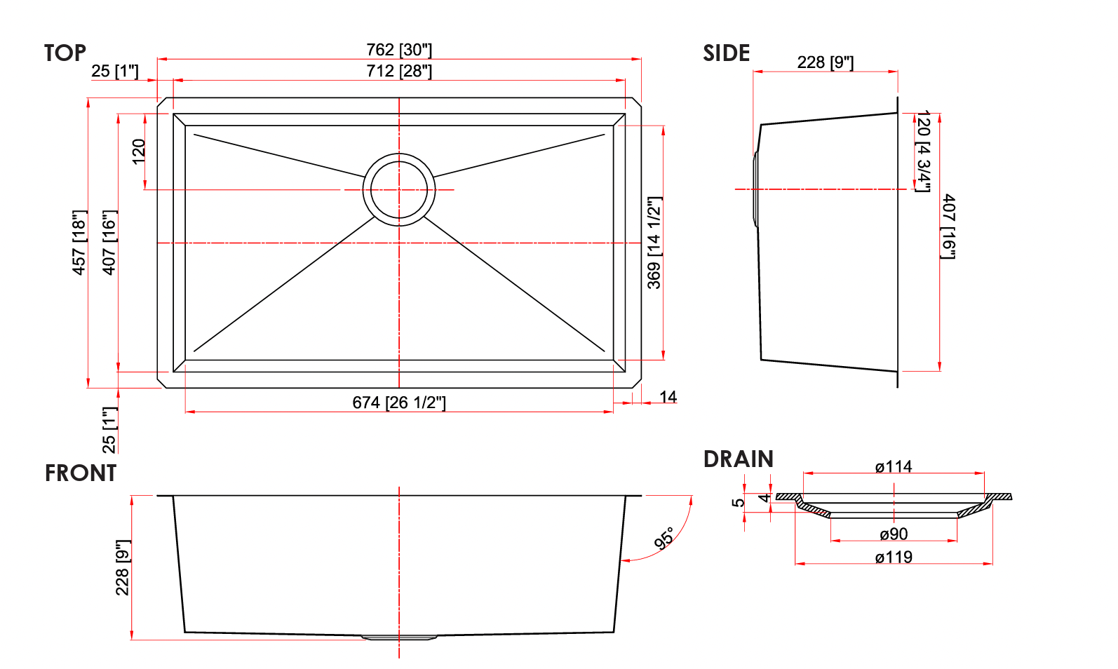 GSZ-3018-9 - 18 Gauge Zero Radius Single Bowl Sink 30x18x9