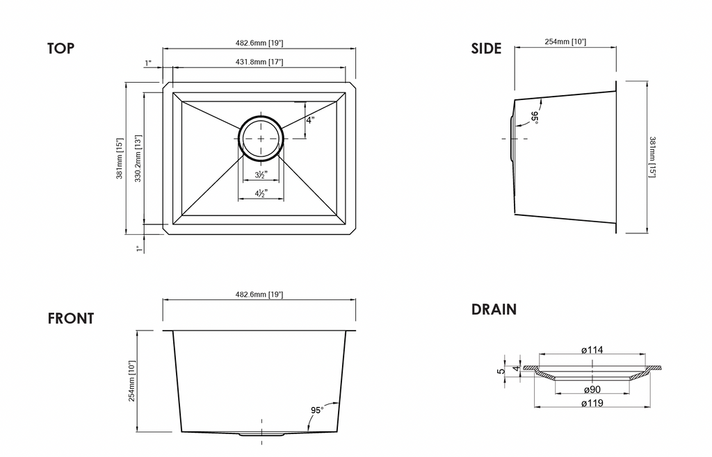 GSZ-1915-9 - 18 Gauge Zero Radius single Bowl Sink 19x15x9