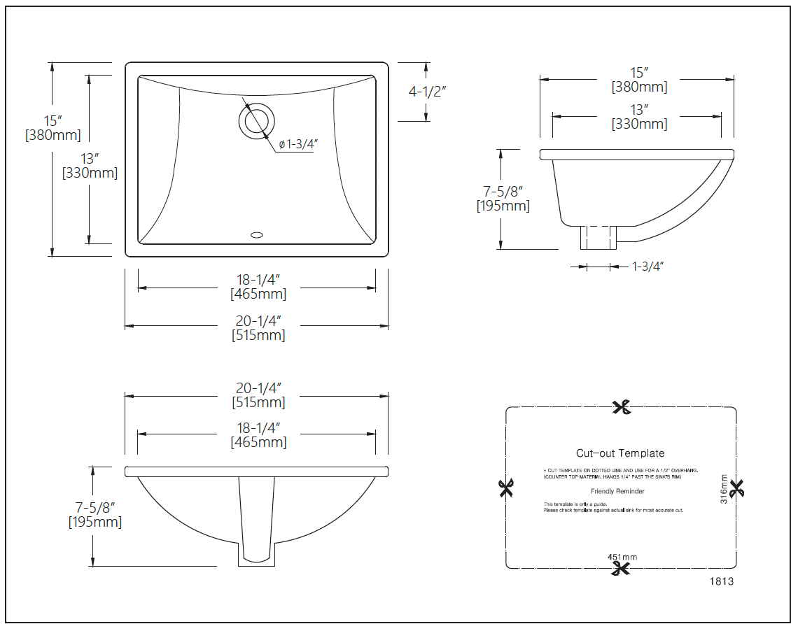 K1813 SINK FOR BATHROOM 18X13 WHITE