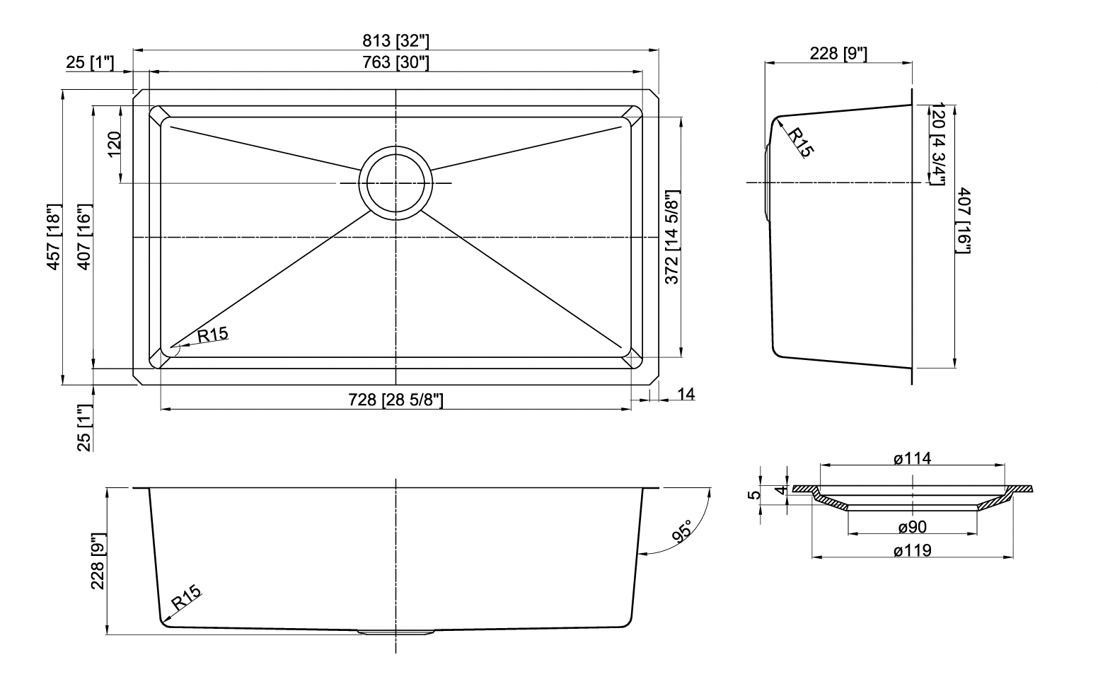GSM-3218-9 - 18 Gauge Micro Radius Single Bowl Sink 32x18x9