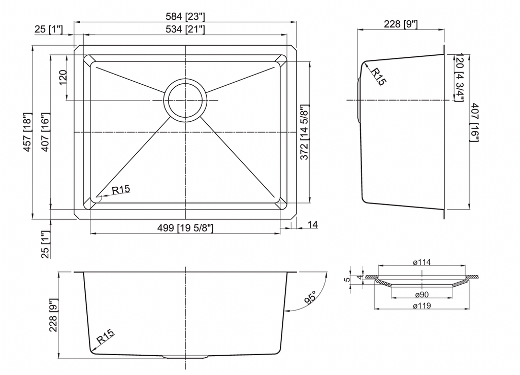 GSM-2318-9 Fregadero individual de micro radio de calibre 18 de 23x18x9