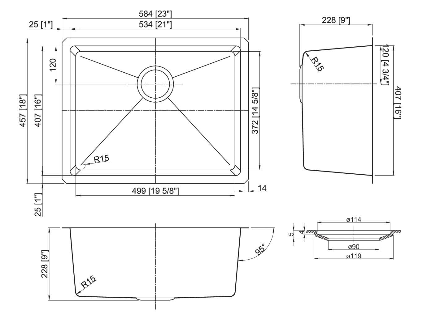 GSM-2318-9 18 Gauge Micro Radius Single Bowl 23x18x9