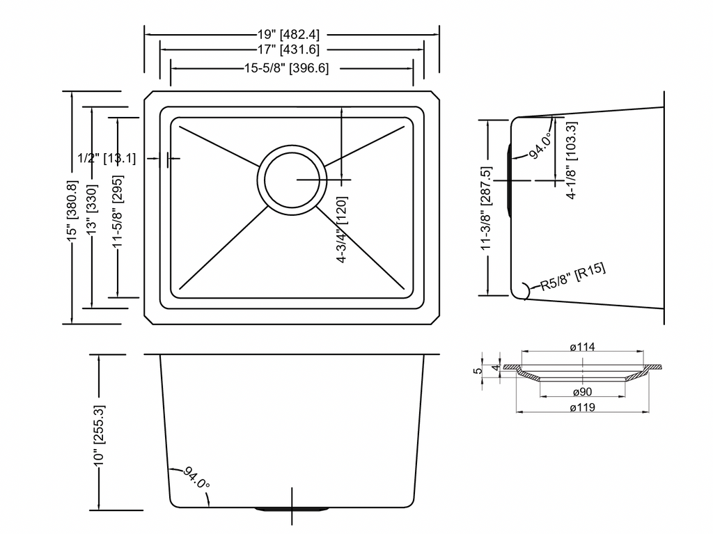 GSM-1915 SINK FOR KITCHEN STANLESS STEEL 19X15 MICRO RADIUS