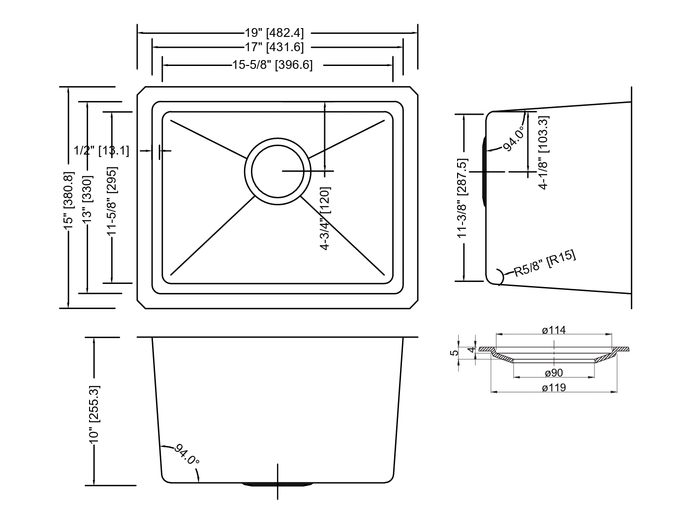 GSM-1915 SINK FOR KITCHEN STANLESS STEEL 19X15 MICRO RADIUS