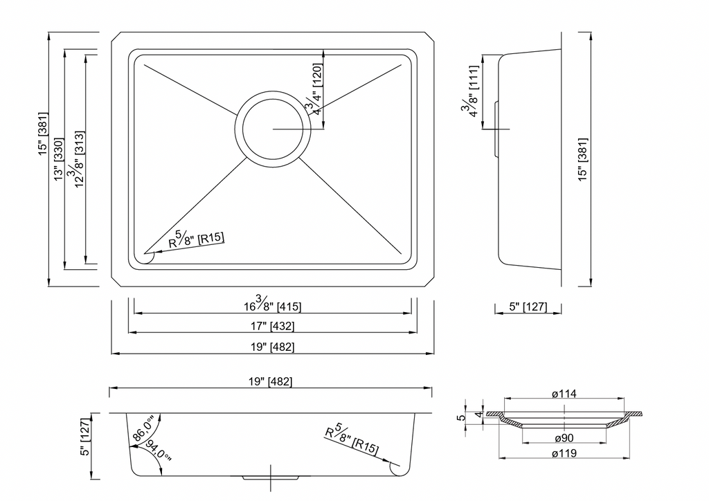 GSM-1915 ADA SINK FOR KITCHEN STANLESS STEEL 19X15 MICRO RADIUS