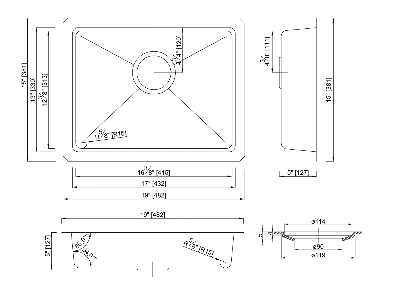 GSM-1915 ADA SINK FOR KITCHEN STANLESS STEEL 19X15 MICRO RADIUS